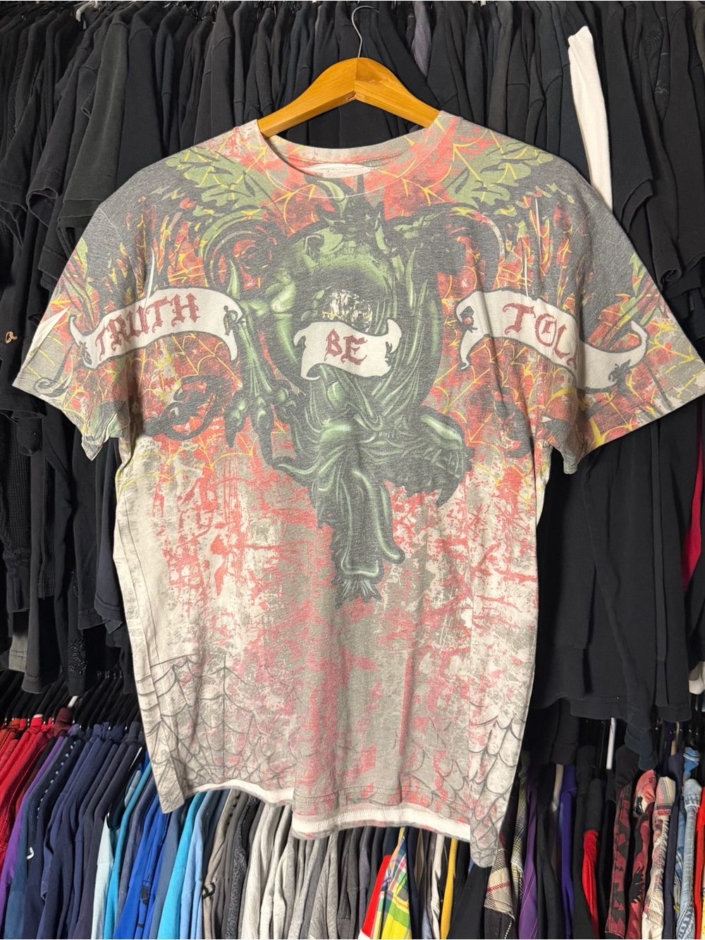 Truth Be Told Gothic AOP Shirt Men’s Medium Red Green Dragon Tribal Grunge Y2K